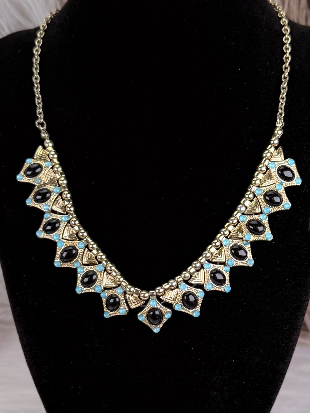 Vintage Egyptian Revival Style Black Cabochon Bib Necklace